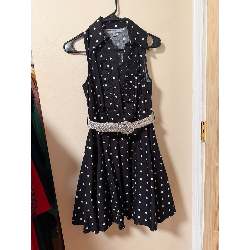 Bailey Blue Black White Polka Dot Dress Ruffle Fit Flare Belt S Small